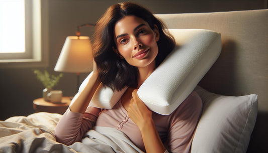 Woman sitting up straight in bed with a cervical pillow behind her neck