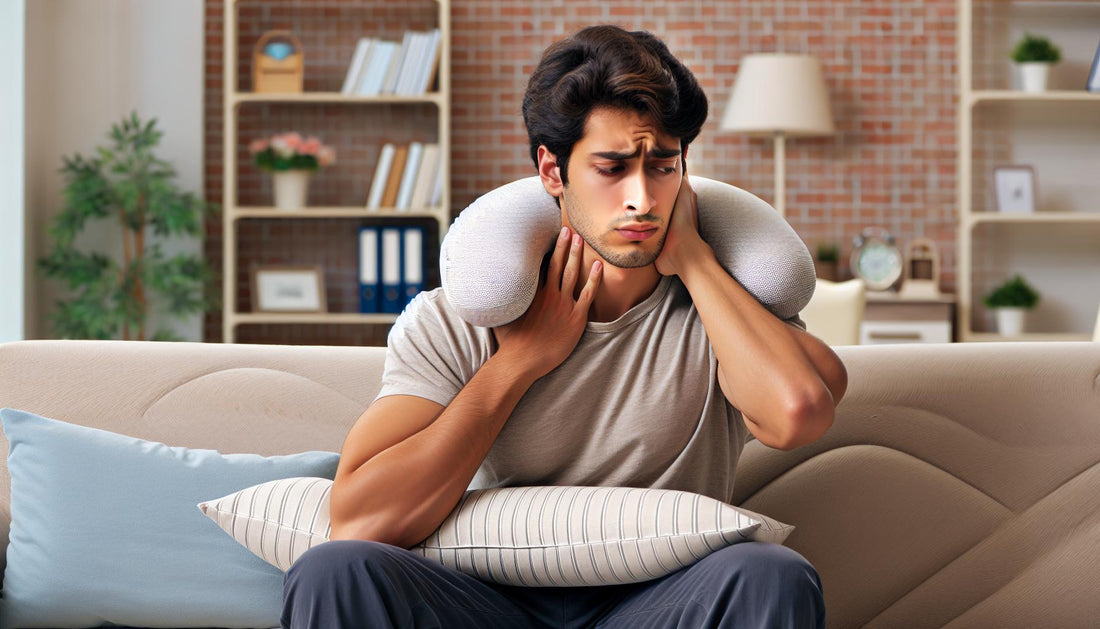 Man holding his ear and neck with u-shaped pillow around his neck