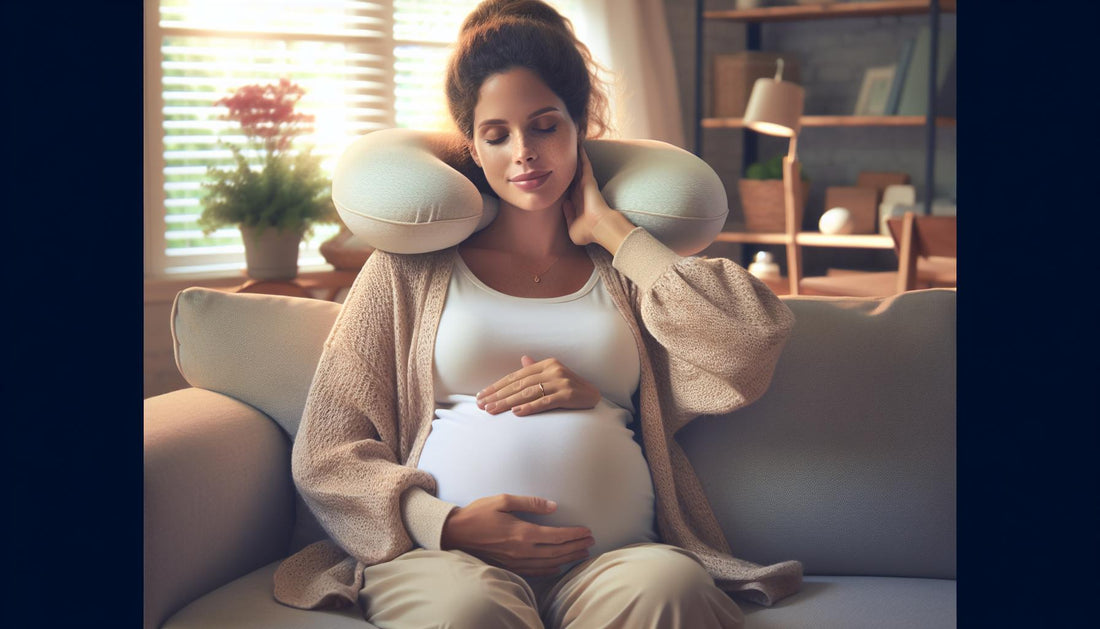 Pregnant woman using a neck pain pillow